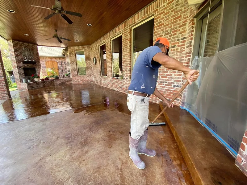 A man cleaning a patio built by ADC Hardscapes A man cleaning a patio built by ADC Hardscapes