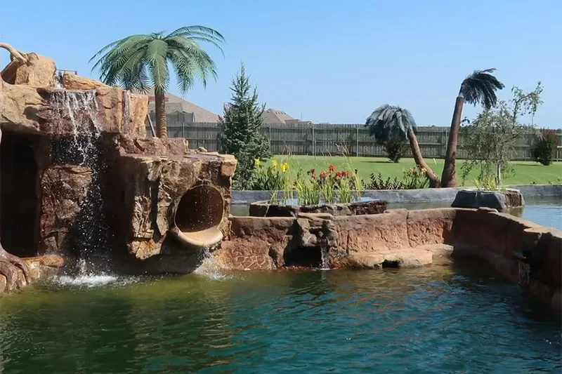 A natural swimming pool surrounded by palm trees